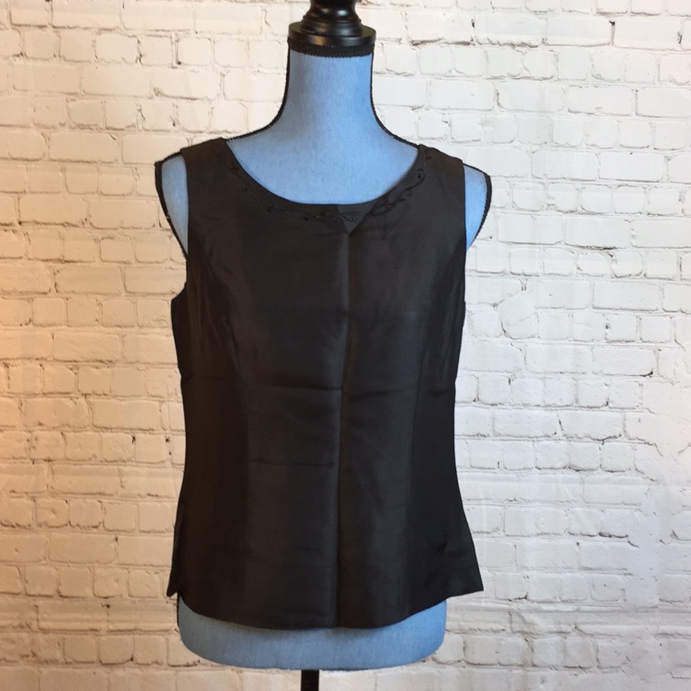 Papell Petites Black Silk Shell Dead Detail Blouse Top Beaded Neckline Small
